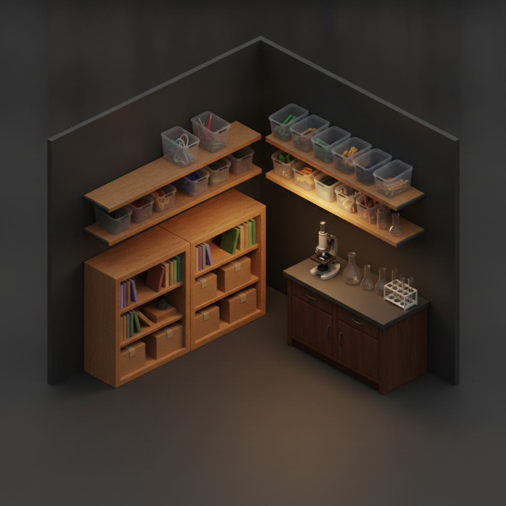 Science classroom corner with bookshelves, a microscope and racks of beakers
