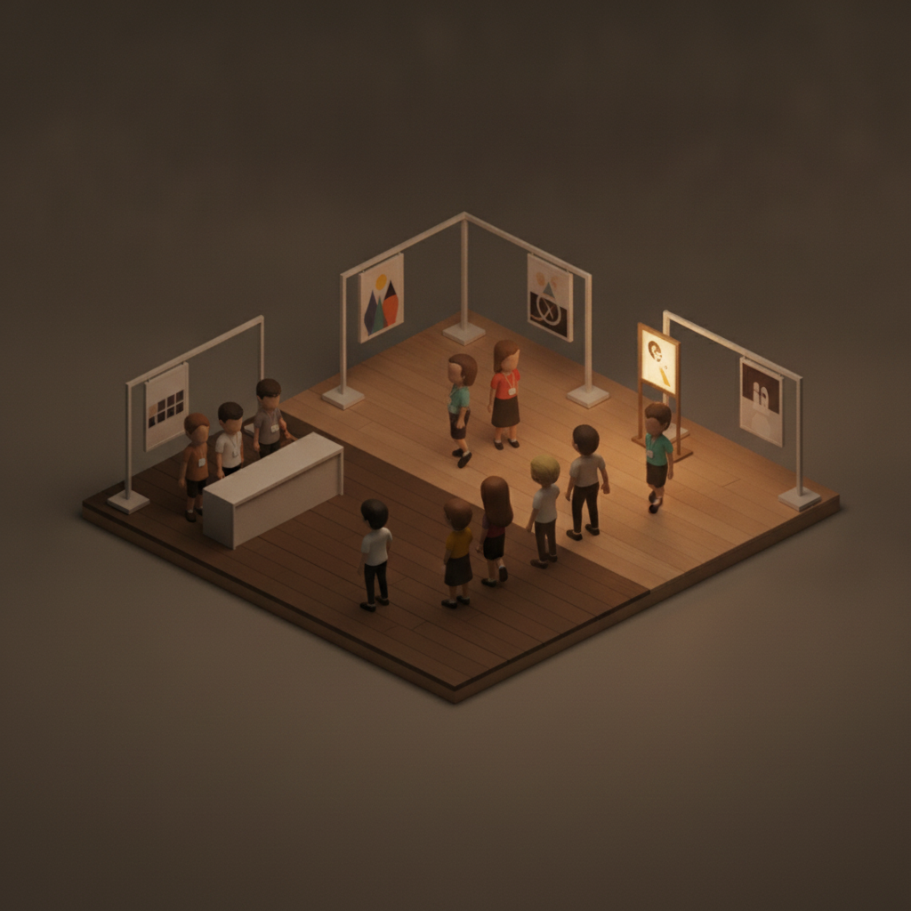 Diorama of conference attendees with badges among exhibitor booths