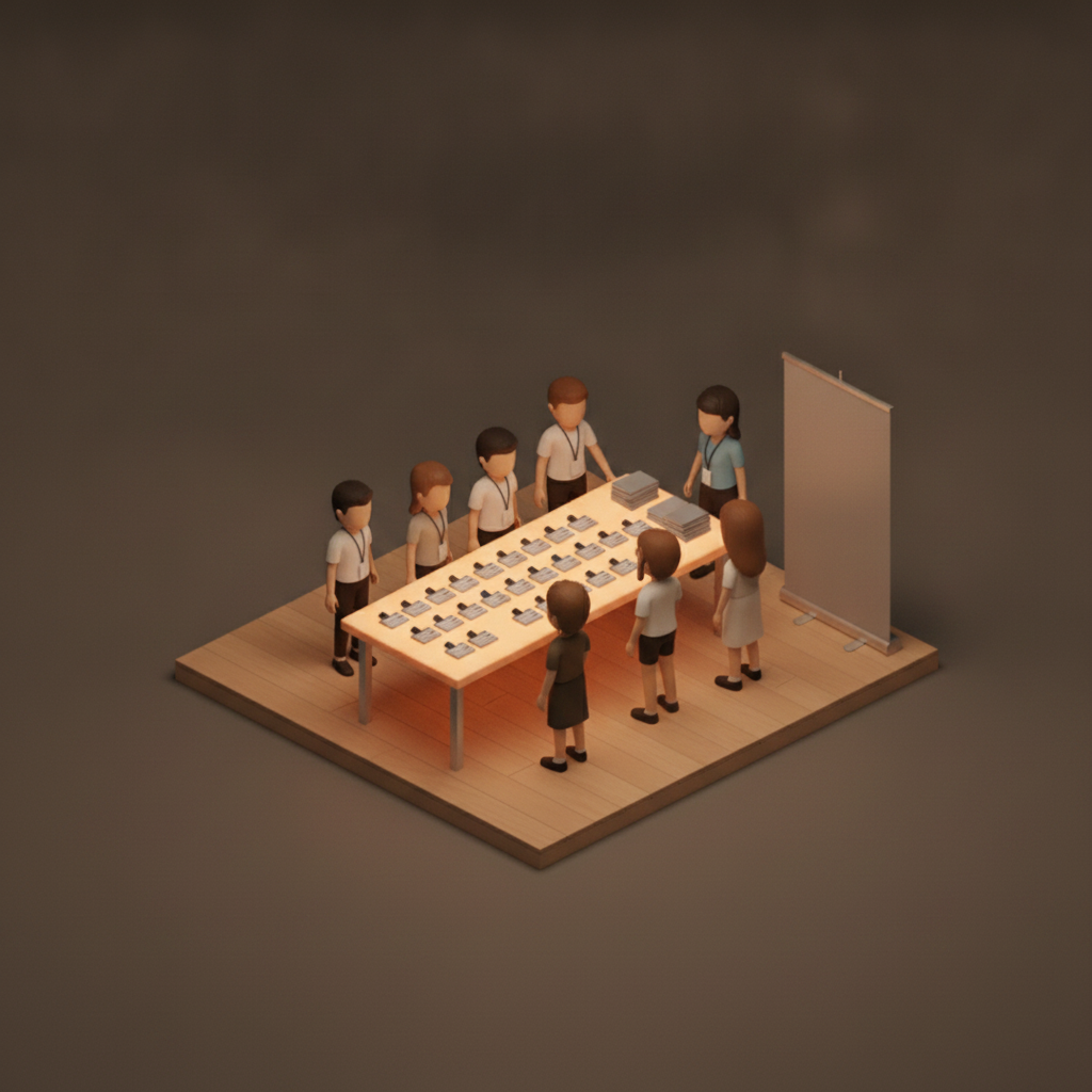 Diorama of adults with lanyards at a check-in table with name badges