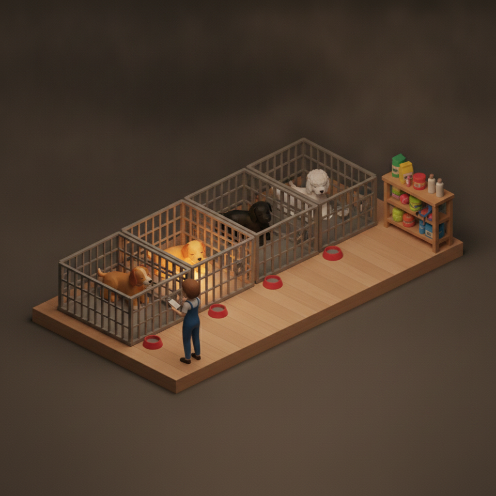 Diorama of a dog daycare with kennel runs, food bowls and a staff member