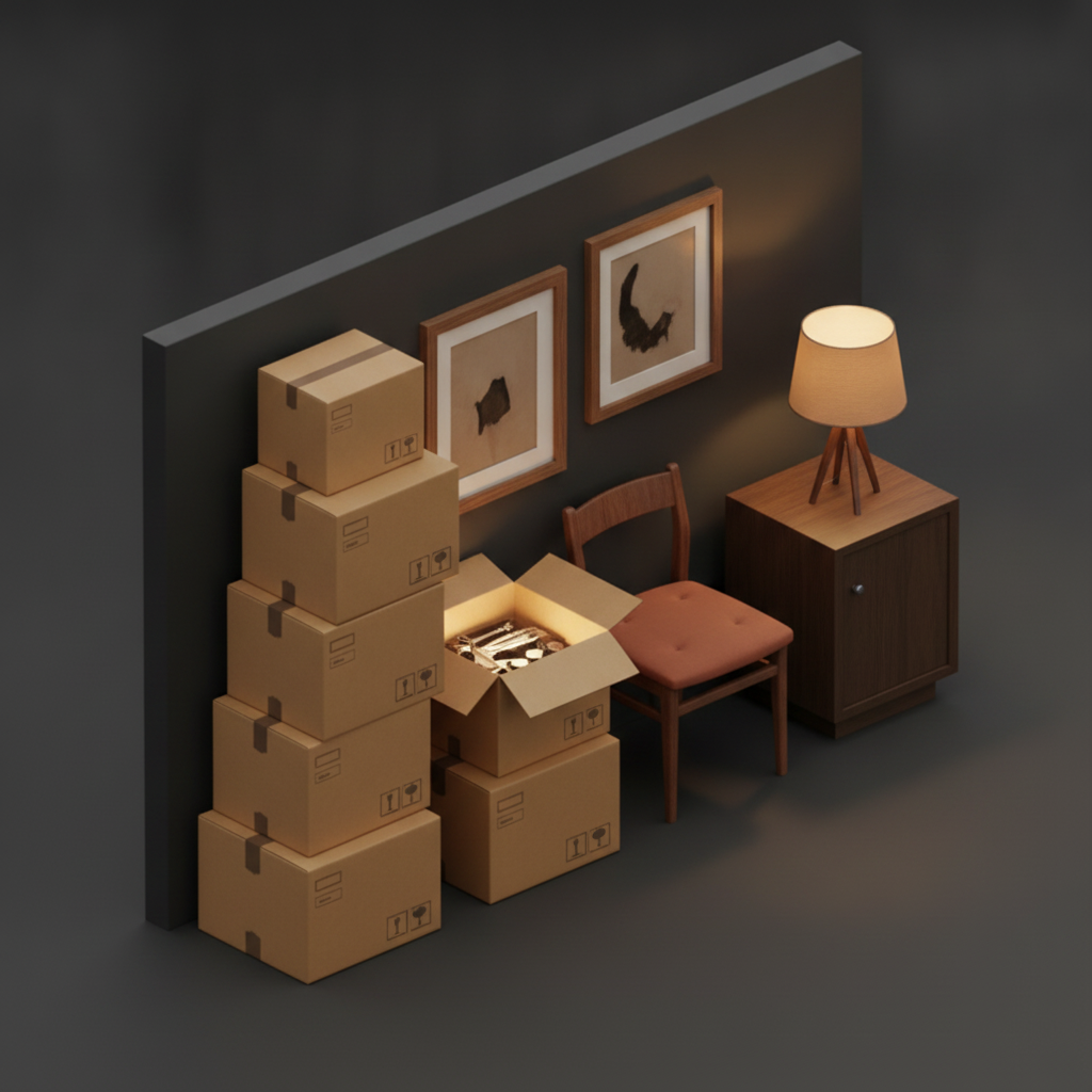 A household room being cataloged with labeled boxes and furniture