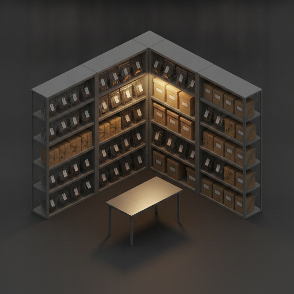 Evidence property room with metal shelving of sealed bags and numbered boxes