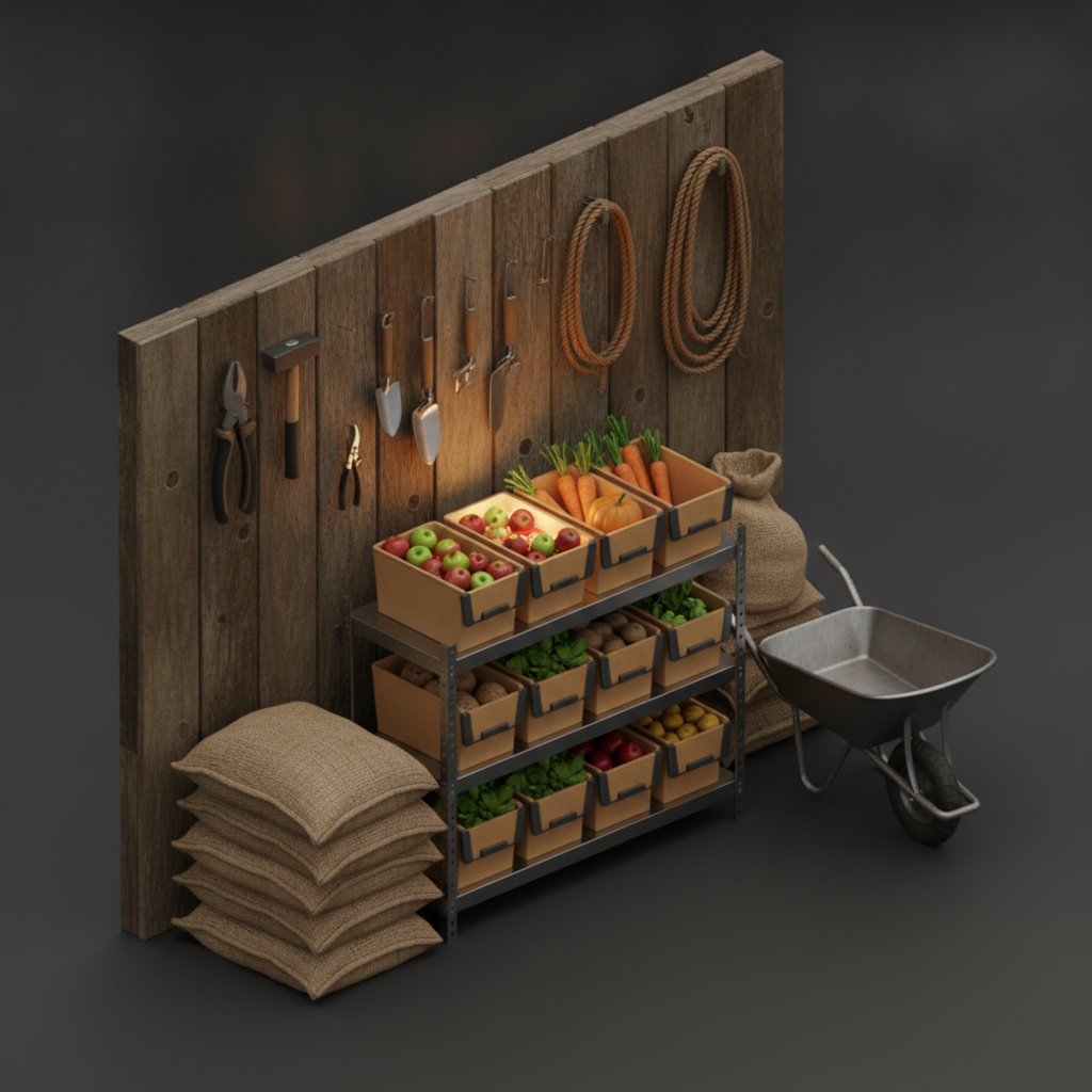 Barn interior with crates of produce, feed sacks, tools and a wheelbarrow
