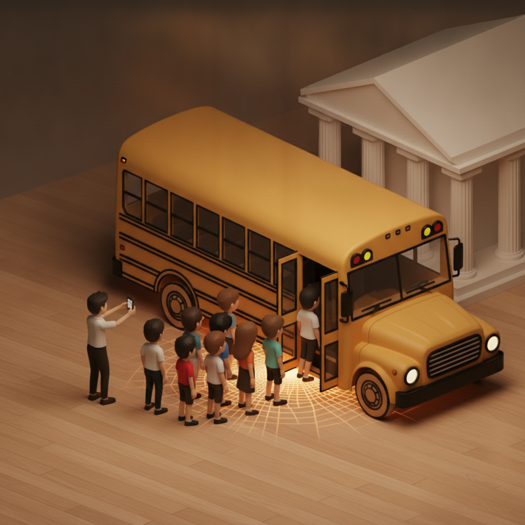 Field trip diorama: a teacher photographing students boarding a yellow school bus at a museum