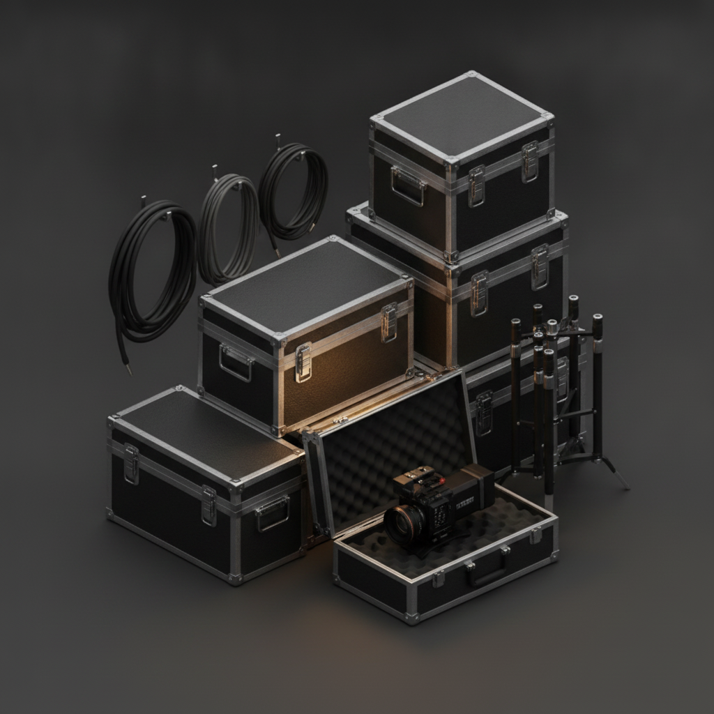 Film production gear cage with black road cases, cables and a camera