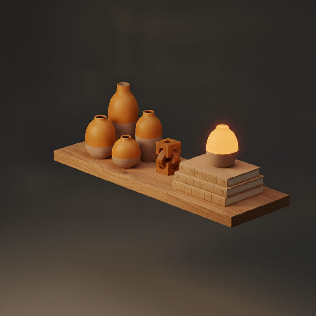 A shelf of valuables and books with a warm focal light