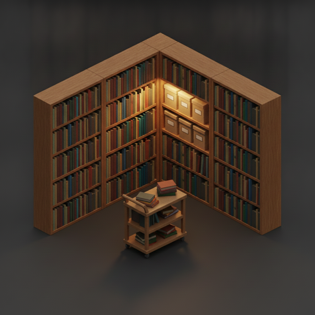 Library corner with tall bookcases of colorful spines and a rolling cart