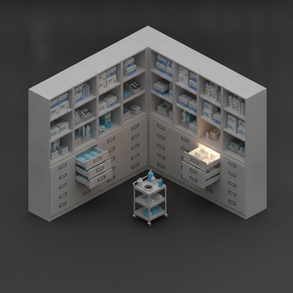 Medical clinic supply room with white cabinets, labeled drawers and supply bins
