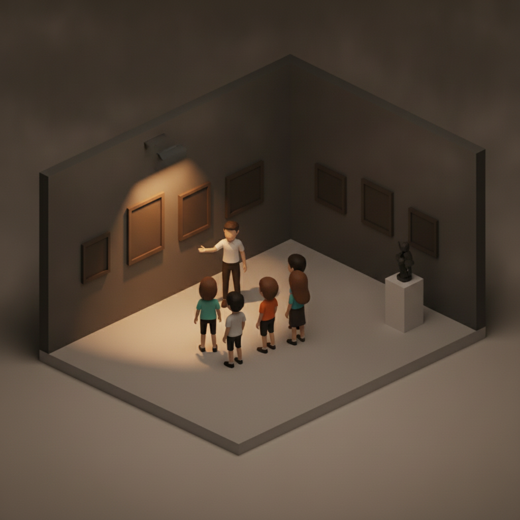 Diorama of a docent leading a small group past paintings in a museum gallery