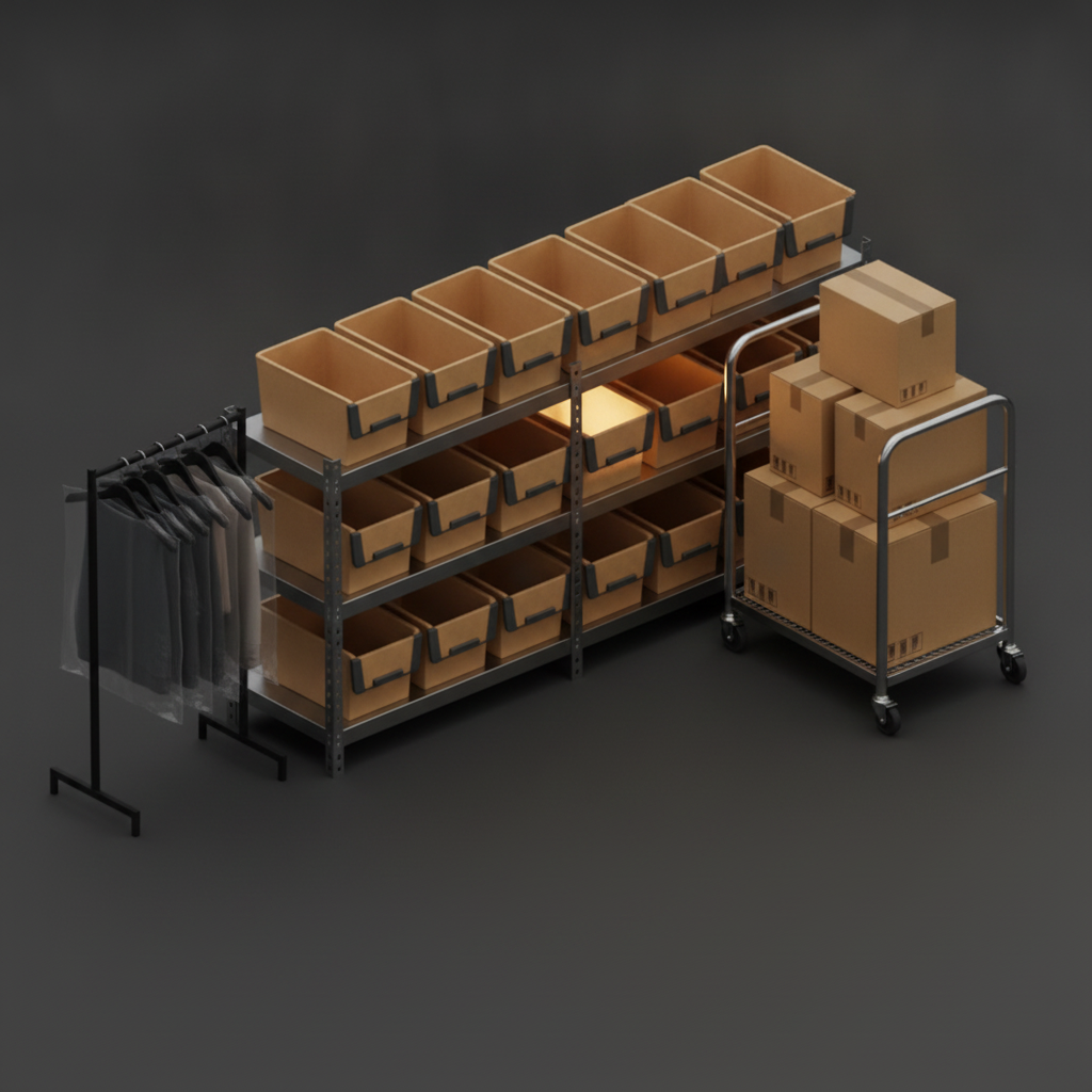 Retail stockroom with a stock cart, garment rack and boxed products