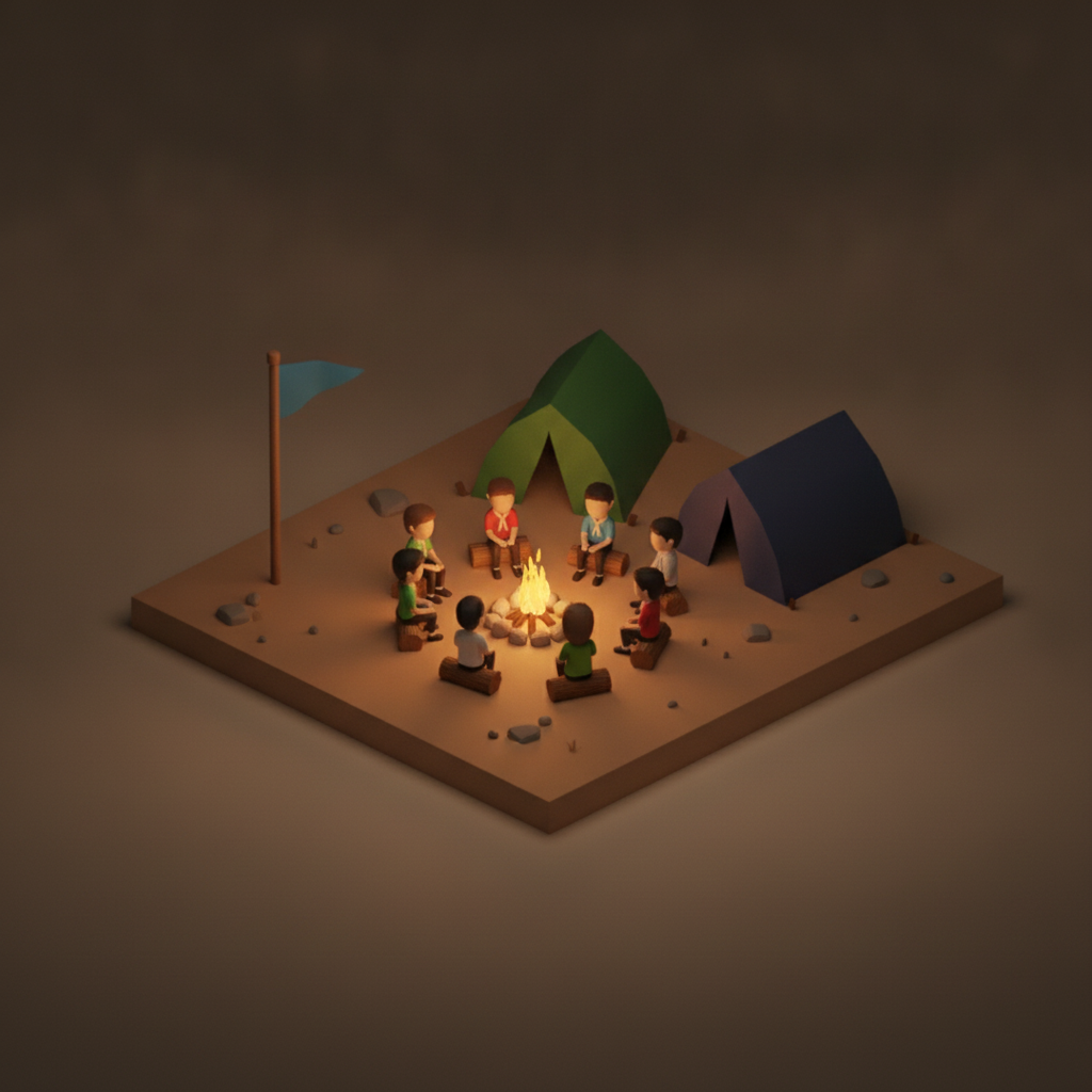 Diorama of a scout troop around a campfire with tents