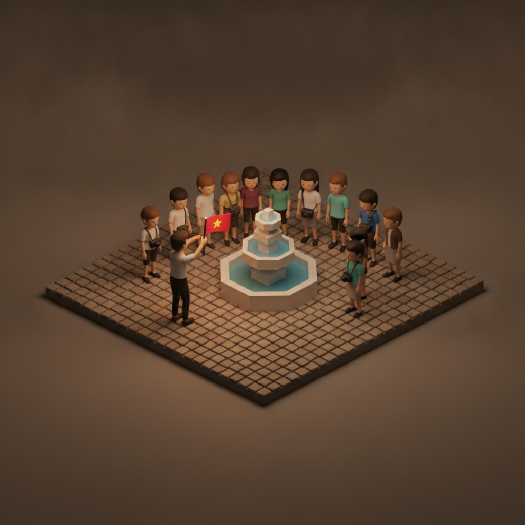 Diorama of a tour guide with a flag leading tourists across a plaza with a fountain