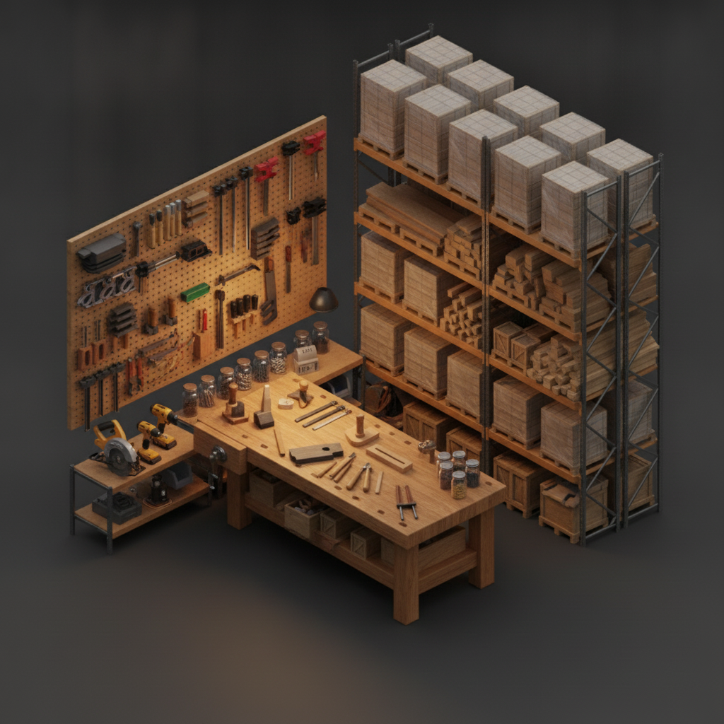Woodworking makerspace with a workbench, wall of clamps and stacked lumber